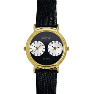 Montine Gold Plated Vintage 90's Ladies Dual Time Quartz Wrist Watch Black Dial